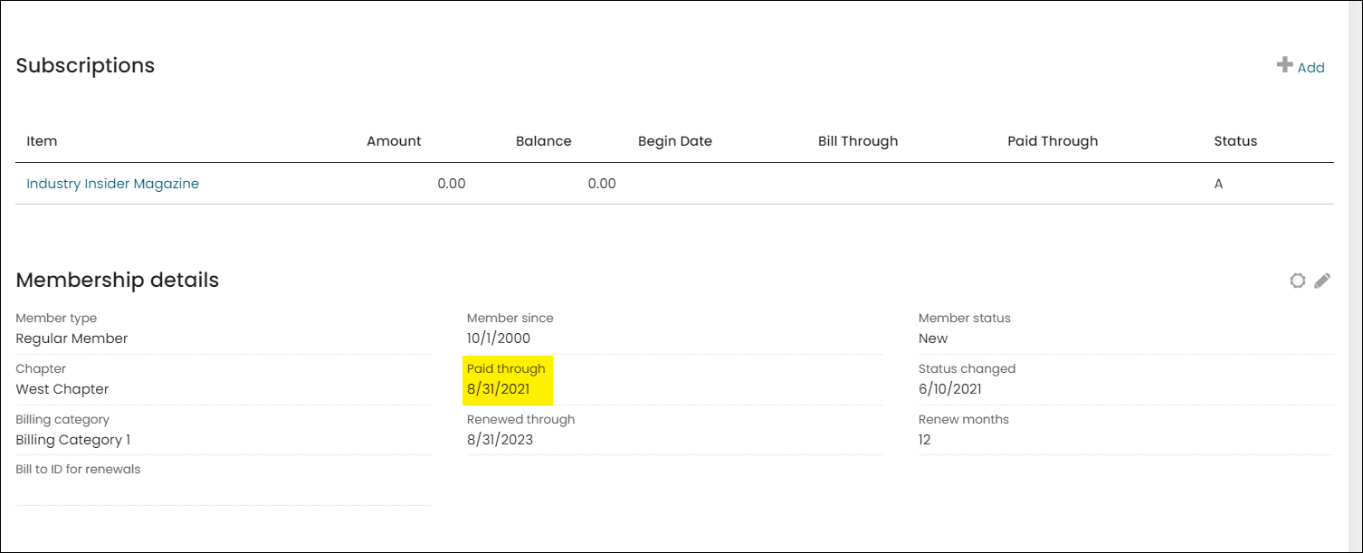 Membership details panel with paid through date highlighted